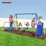  Metal Swing Set with Glide Ride, Trampoline, and Blow-Molded Slide