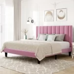 Allewie Queen Velvet Upholstered Bed Frame with Vertical Channel Tufted Headboard, Light Pink